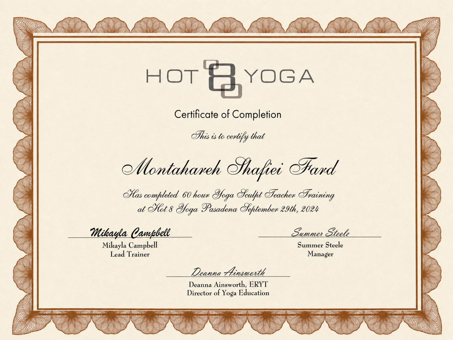 Moty Fard Yoga Sculpt Teacher Training certificate from Hot 8 Yoga