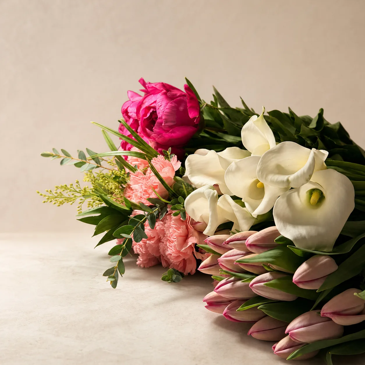 Calla lily, peony, and tulip composition