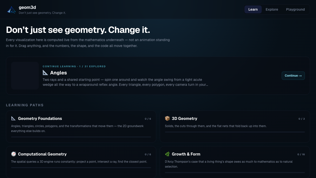 geom3d Playground homepage showing interactive geometry learning paths